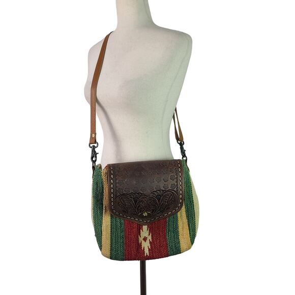 Myra Scarlet Embossed Leather Hand Tooled Canvas Crossbody Backpack Shoulder Bag - Picture 1 of 4